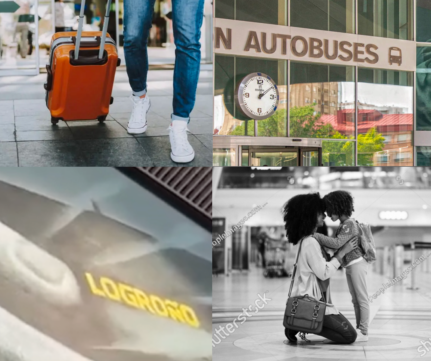 Collage evocando motivos viajeros con una maleta, la estación de autobuses de Logroño y un mural de Carlos corres. 
