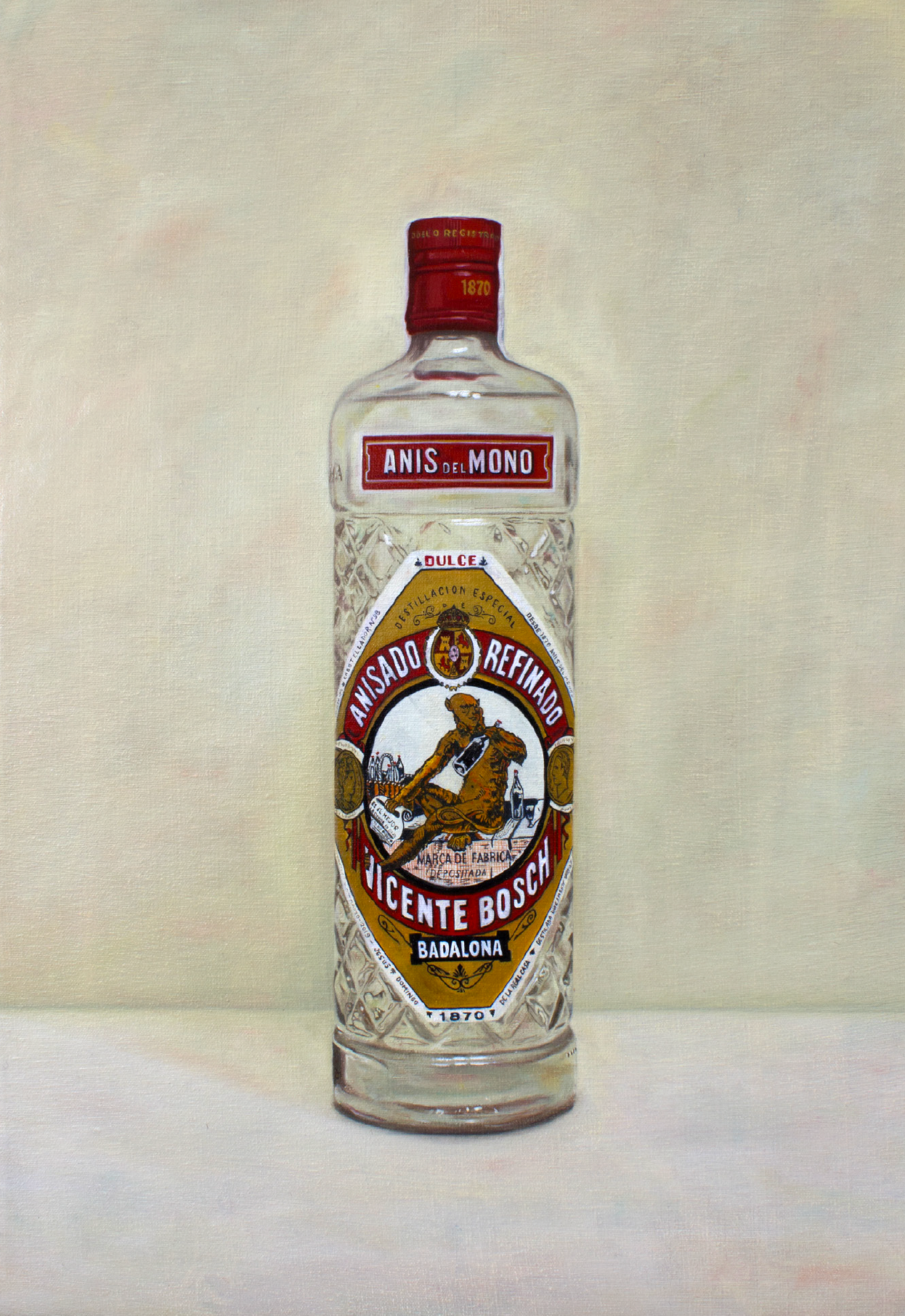 Cuadro realista de una botella de anís del mono pintado por el artista Logroñés Jesús Domingo 